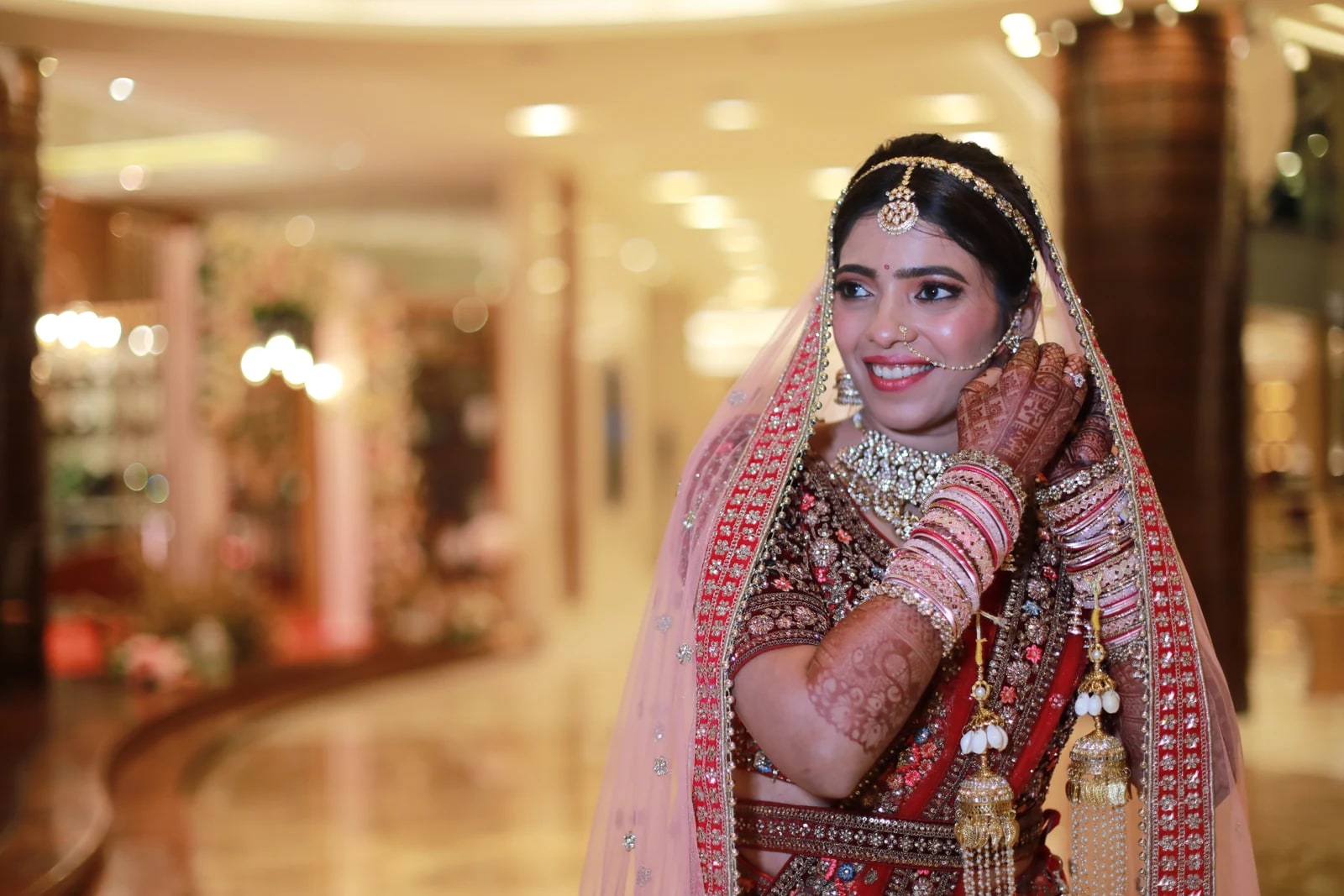 Bridal portrait in warm indoor light